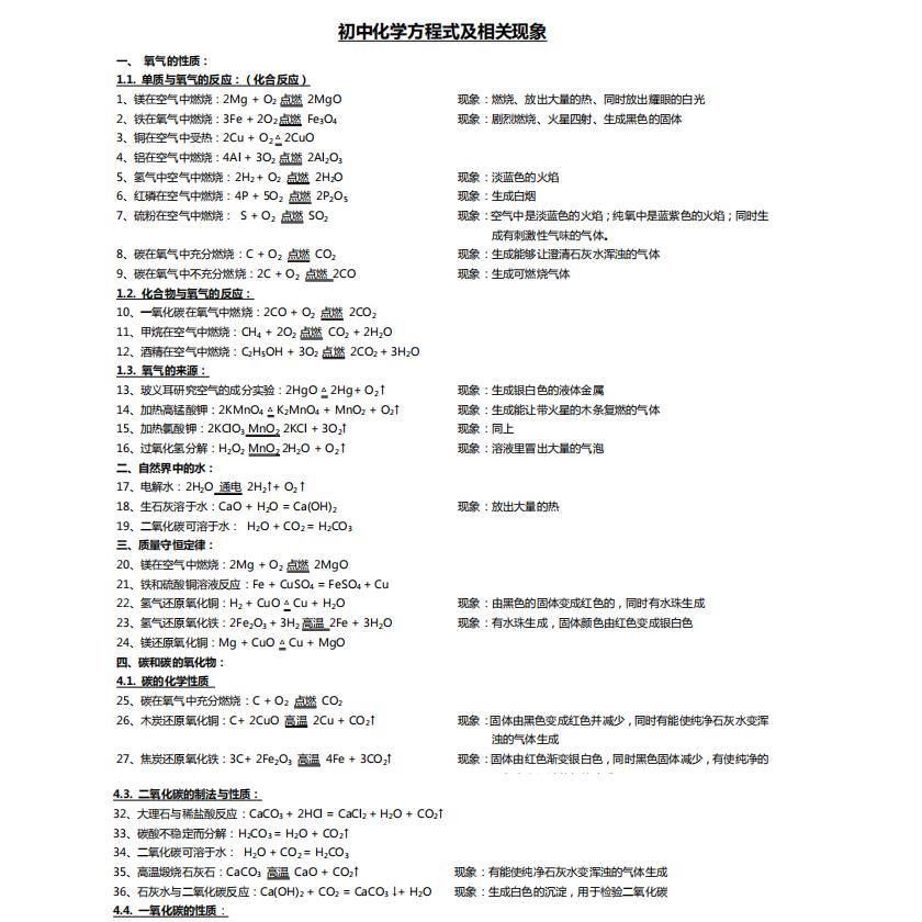 初中化学中考方程式及反应现象复习资料100例word电子版