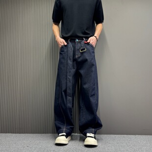 美式水洗复古腰带牛仔裤男女款宽松廓形镰刀弯刀阔腿裤子风穿搭