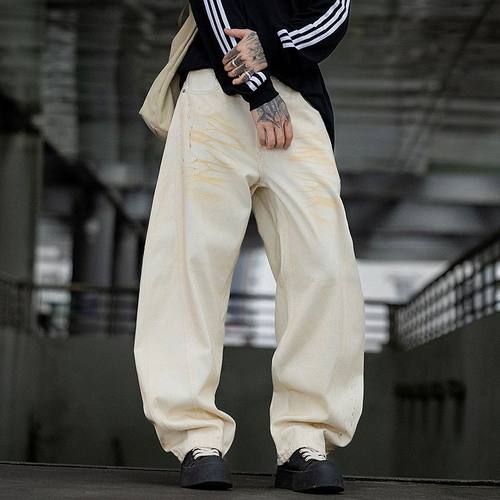 美式涂鸦白色牛仔裤男款秋冬季潮牌设计感宽松直筒阔腿显瘦长裤子