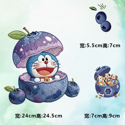 潮牌蓝莓仿刺绣叮当猫图案烫画贴时尚印花衣服热转印白墨烫画贴纸