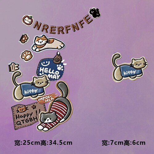 潮牌nenrfnfe仿刺绣猫图案烫画贴时尚印花衣服热转印白墨贴纸