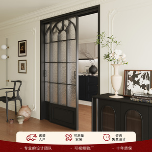 法式 复古厨房推拉门三联动卧室吊轨简易阳台平移铝合金隔断玻璃门