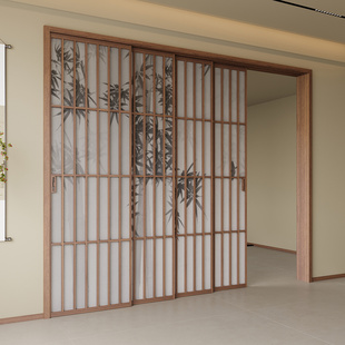 新中式 竹影玻璃门阳台客厅书房隔断移门宋氏美学山水画厨房推拉门