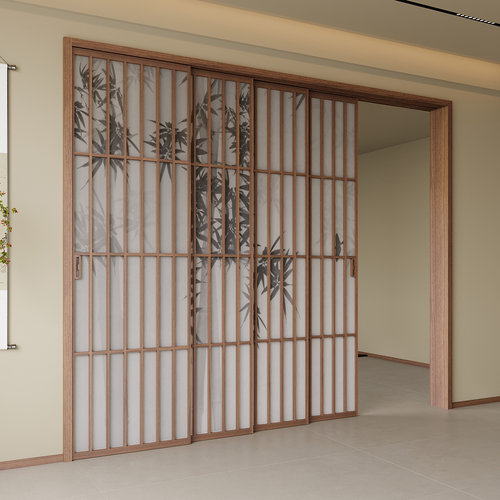 新中式竹影玻璃门阳台客厅书房隔断移门宋氏美学山水画厨房推拉门