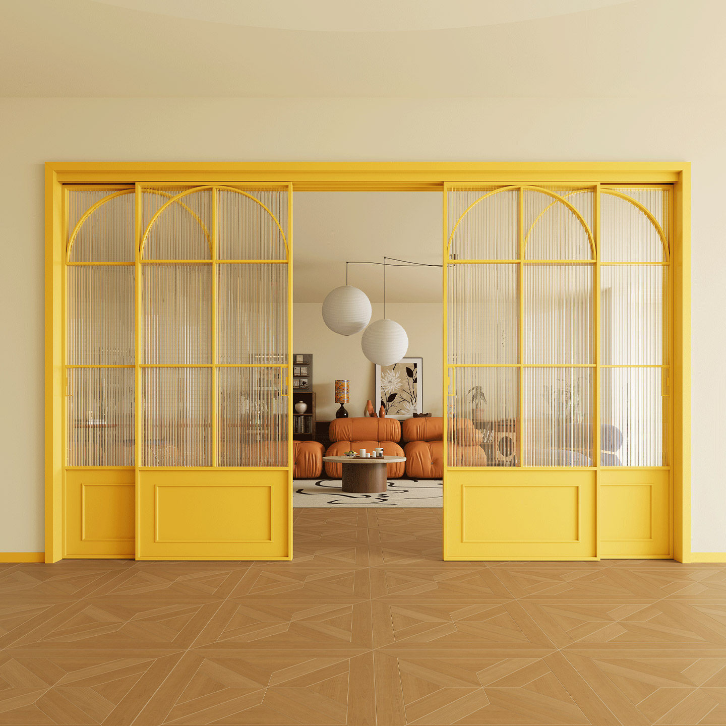 法式复古厨房三联动推拉门定制阳台隔断窄吊轨铝合金黄色玻璃移门