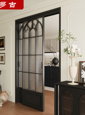 定制法式复古厨房门推拉门三联动卧室吊轨简易阳台平移隔断玻璃门
