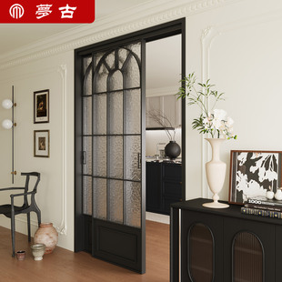定制法式复古厨房门推拉门三联动卧室吊轨简易阳台平移隔断玻璃门