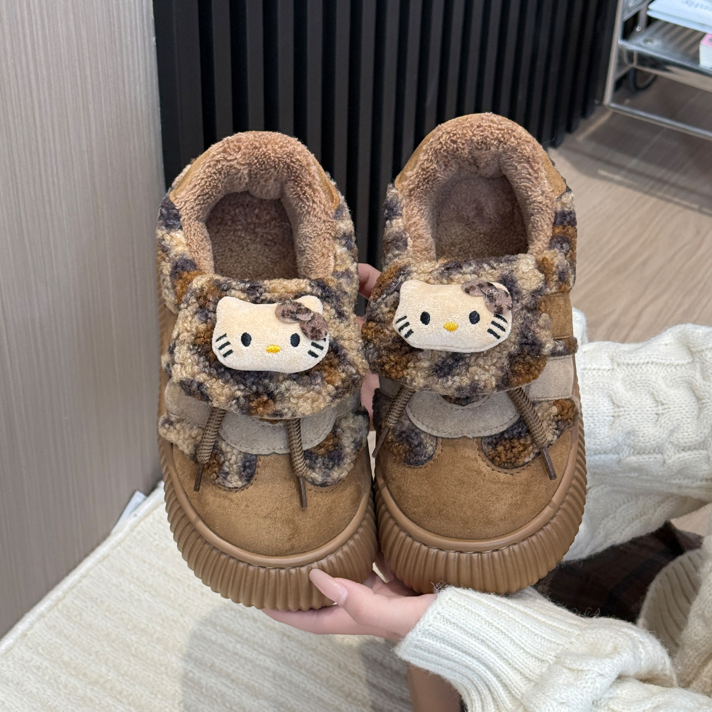 南波万可爱卡通猫咪棉拖鞋女士可外穿冬季保暖加绒防滑包跟棉拖鞋