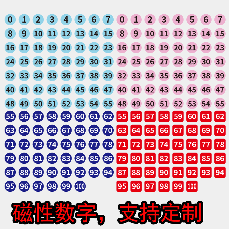 数字磁力贴片彩色冰箱贴磁性数字50-100黑白板教具磁吸号码牌定制