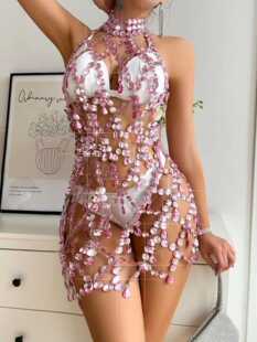 性感手工拼接宝石流苏连衣裙粉色浪漫亚克力辣妹风酒吧夜店DJ演出