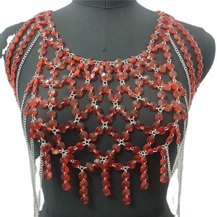 水晶身体链T台走秀外搭夸张项链红色性感串珠镂空流苏肩链衣饰品