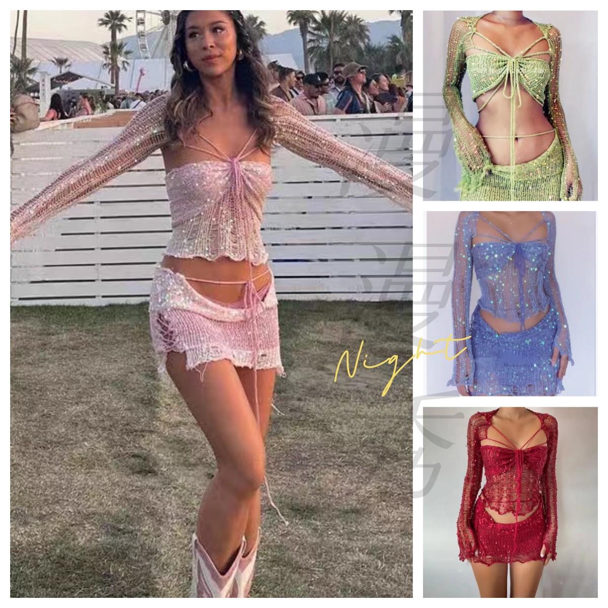 欧美上衣套装性感露脐镂空针织