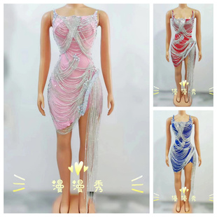 流苏满钻链条萝莉色系包裙礼服舞会模特女歌手演出服钻裙欧美