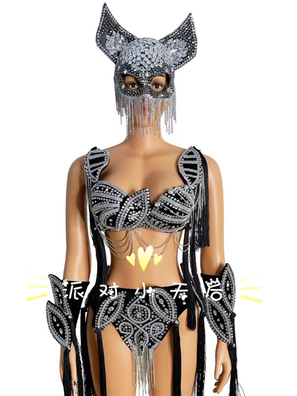 性感小夜猫头饰文胸比基尼叶子烫钻套装酒吧DS演出服女外贸