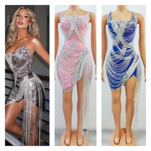 晚宴会现代性感包裙流苏钻条不对称个性短礼服走秀主持人演出服