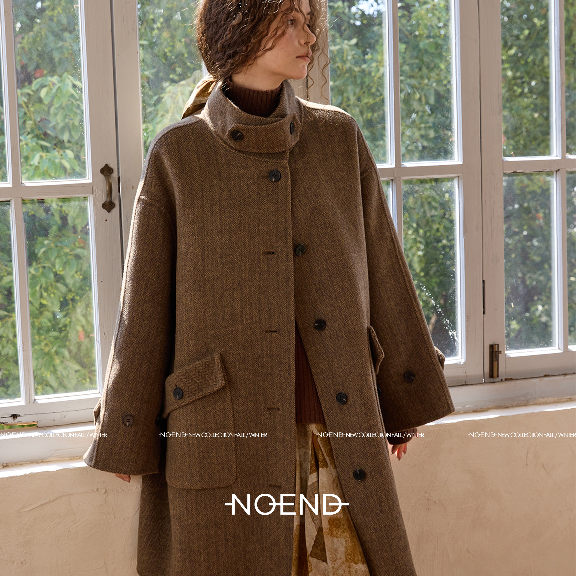 NOEND25/枝叙暖藏复古人字纹立领中长款双面呢外套