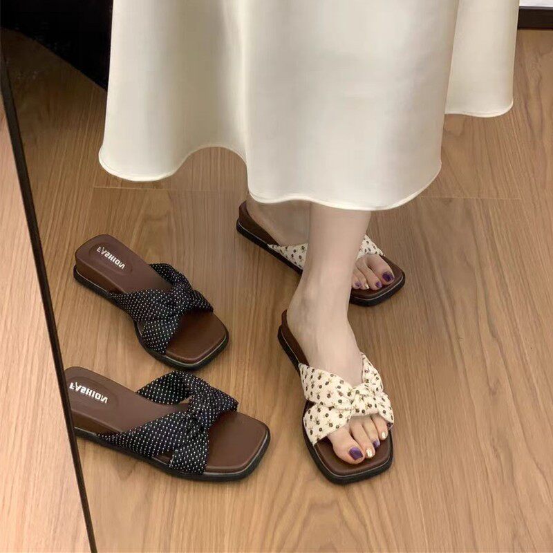 仙女风方头一字坡跟厚底拖鞋女
