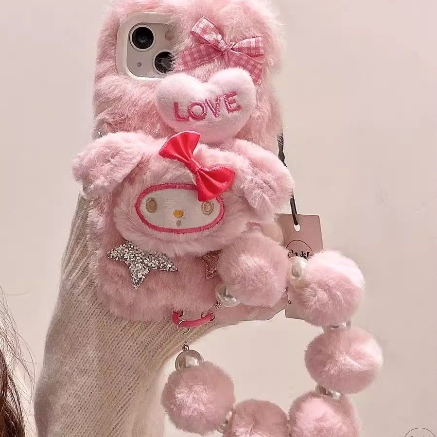 秋冬天美乐蒂少女心款带手绳13mini毛绒可爱16pro适用iPhone15promax手机壳14plus苹果11/1+12一加ace3V/2pro