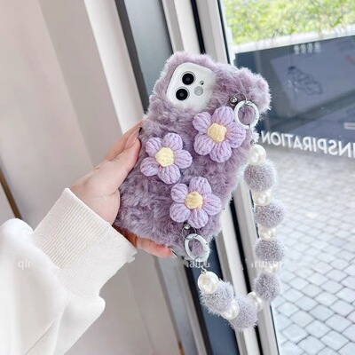 秋冬款毛绒毛线花朵15pro女手提绳12mini苹果14plus适用iPhone17/16promax手机壳1+13/12/11一加ace5pro/3v/2