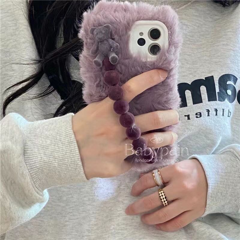 小红书秋冬毛绒小熊手链条civi4pro/3/2小米14ultra手机壳k60/K50女k70e可爱turbo3适用红米note13pro+12/11T