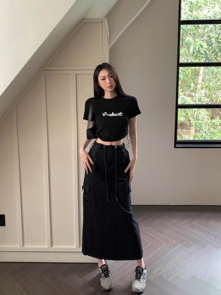 胖mm大码夏秋黑色工装半身裙美式街头风休闲辣妹a字裙松紧腰长裙