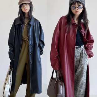 PU皮衣中大童大衣皮外套 皮风衣时髦洋气纯色中长款 男女童秋季 新款