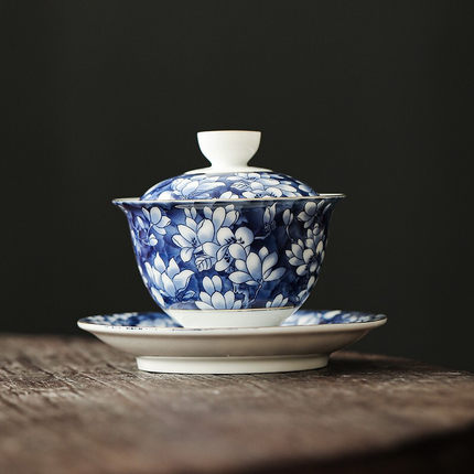 领艺青花玉兰盖碗茶杯景德镇三才茶碗家用送礼功夫茶具大号单个