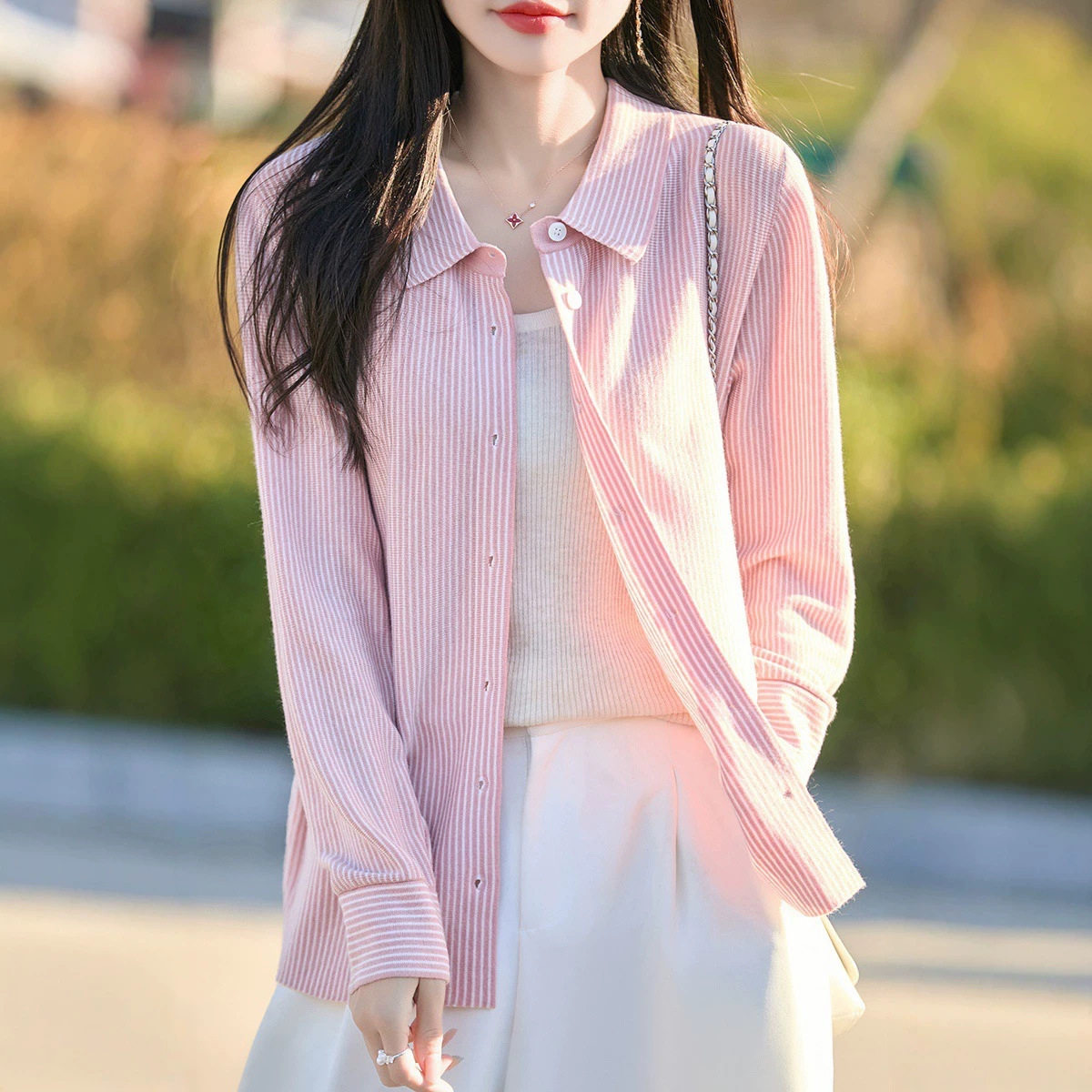 春秋新款精仿羊毛娃娃领条纹衬衫宽松大码衬衣女装气质休闲polo领