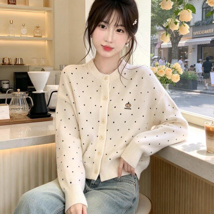 学院风波点开衫上衣女2026秋冬新款设计感法式收腰针织毛衣外套潮