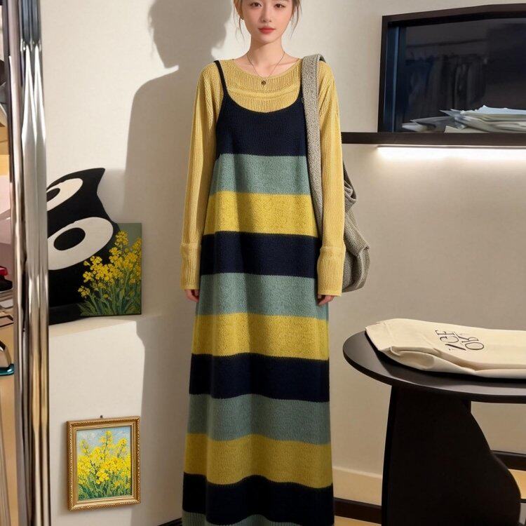 韩系多巴胺穿搭套装女2026秋冬季新款针织毛衣条纹背带长裙两件套