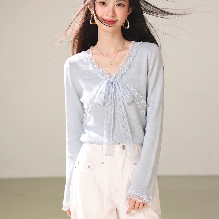 实拍◆设计感千金风蕾丝蝴蝶结V领针织衫女长袖收腰显瘦气质上衣