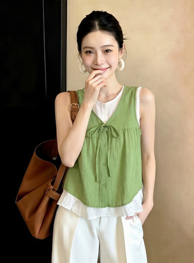 夏季新款亚麻无袖衬衫夏季新款女法式甜美度假风小清新上衣A12224