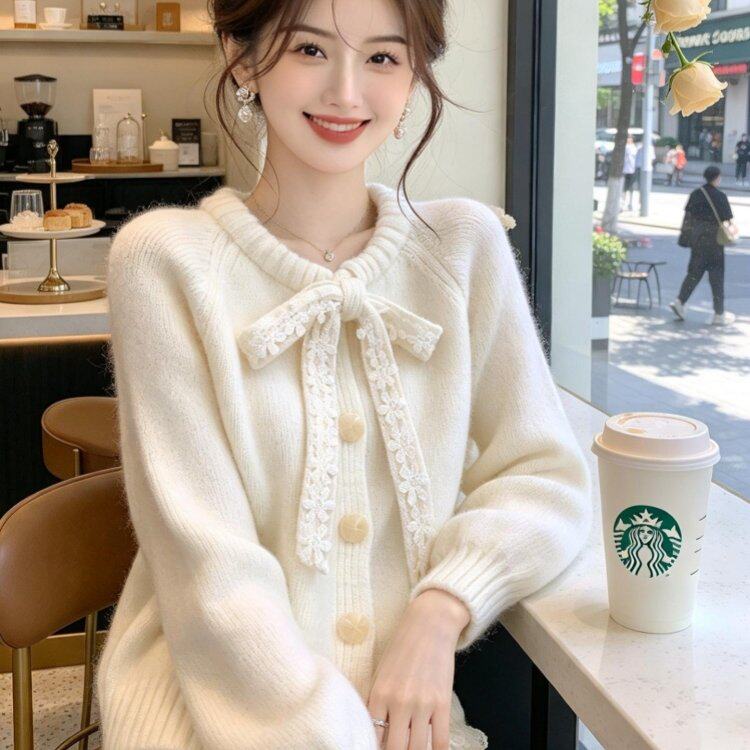 设计感系带蕾丝开衫毛衣女2026秋冬新款慵懒风软糯针织外套上衣潮