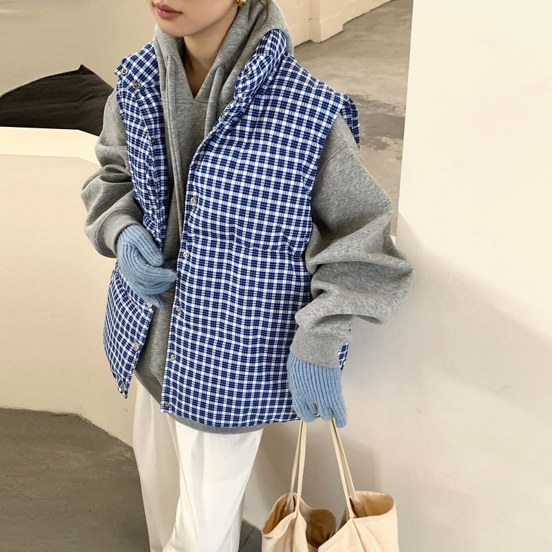 蓝色马甲女冬季面包服上衣感棉衣外套2026格子高级新款女棉袄