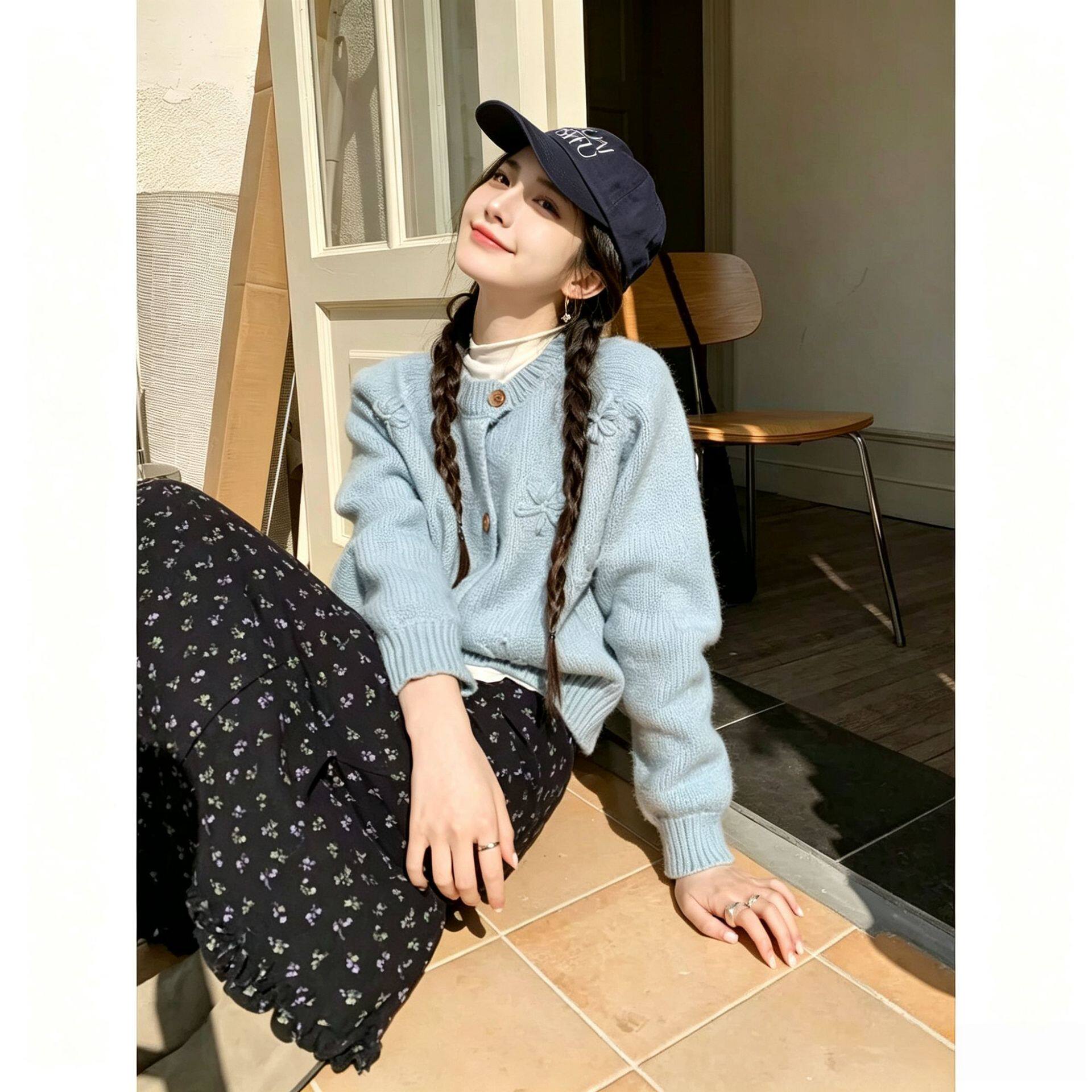 YS圆领立体花朵毛衣开衫女2026秋冬新款韩系巨好看外穿针织衫上衣