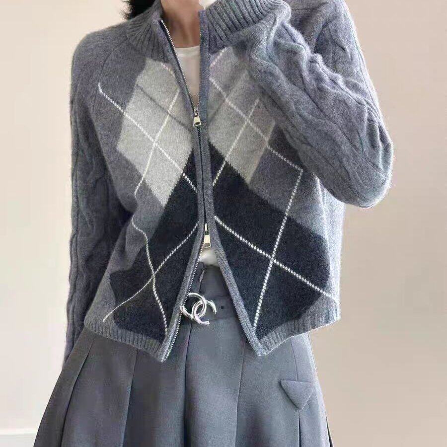 灰色菱格复古双拉链毛衣立领针织开衫秋冬外套女装毛衣