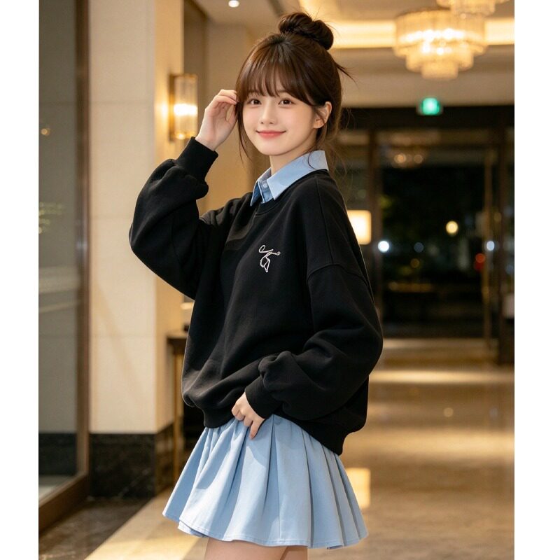 连衣裙气质设计休闲宽松卫衣新款假两件2026春季裙子女装短裙小众