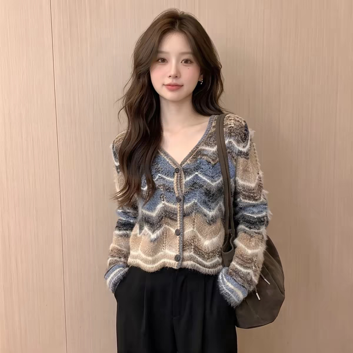 实拍高级感重工混色加厚毛衣开衫女秋冬季新款小香风显瘦气质外套