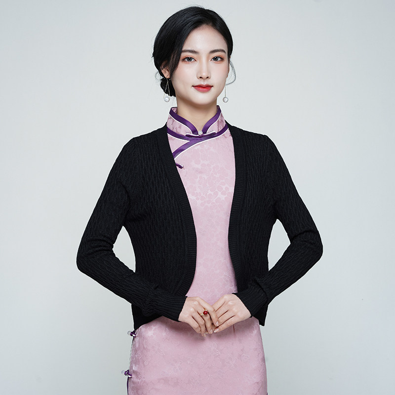 旗袍披肩外搭春秋短修身中式喜婆婆结婚礼服针织小开衫秋季外套薄
