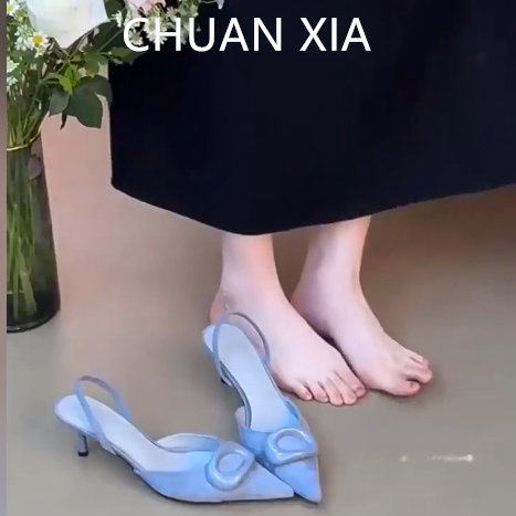 羊皮版~法式蓝色细跟高跟