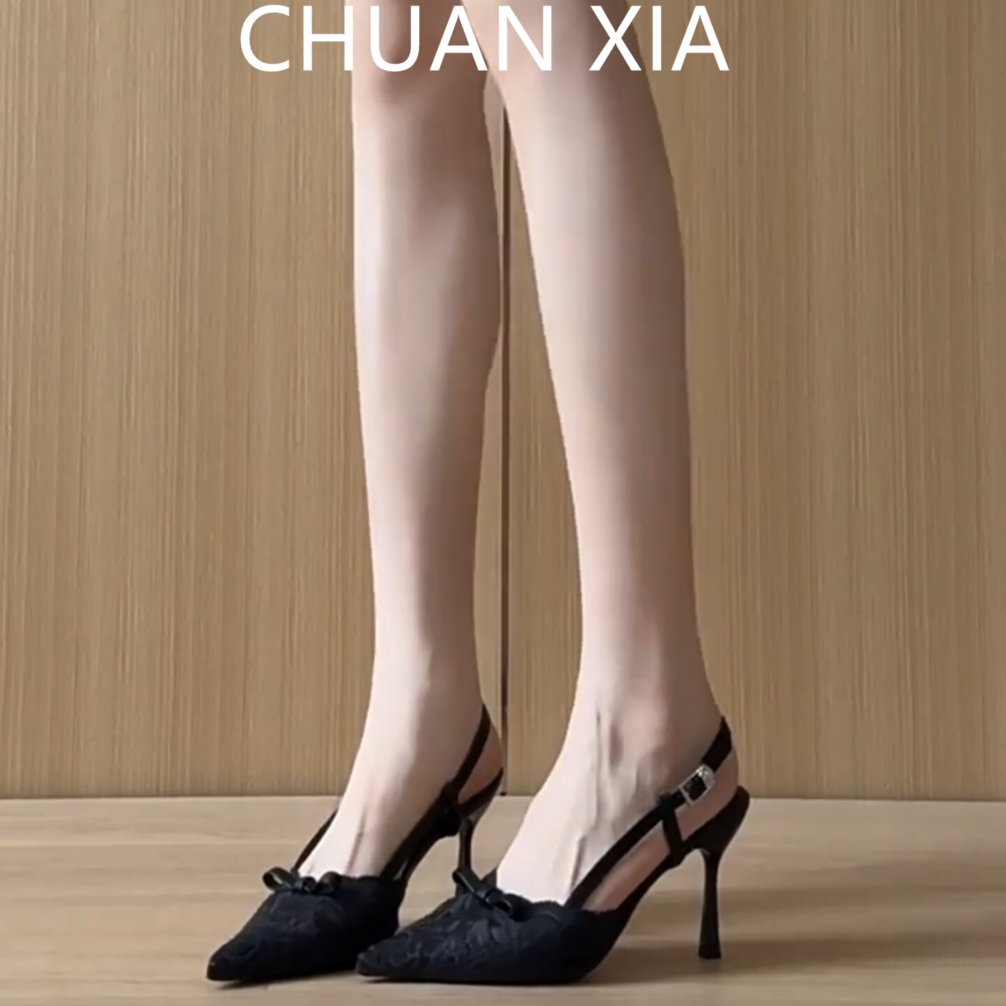 羊皮版！仙女风蝴蝶结尖头包鞋女真皮包头凉鞋细跟后绑带高跟鞋