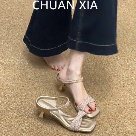 羊皮版！法式水钻一字带凉鞋女方头细跟高跟鞋气质配裙子半拖鞋