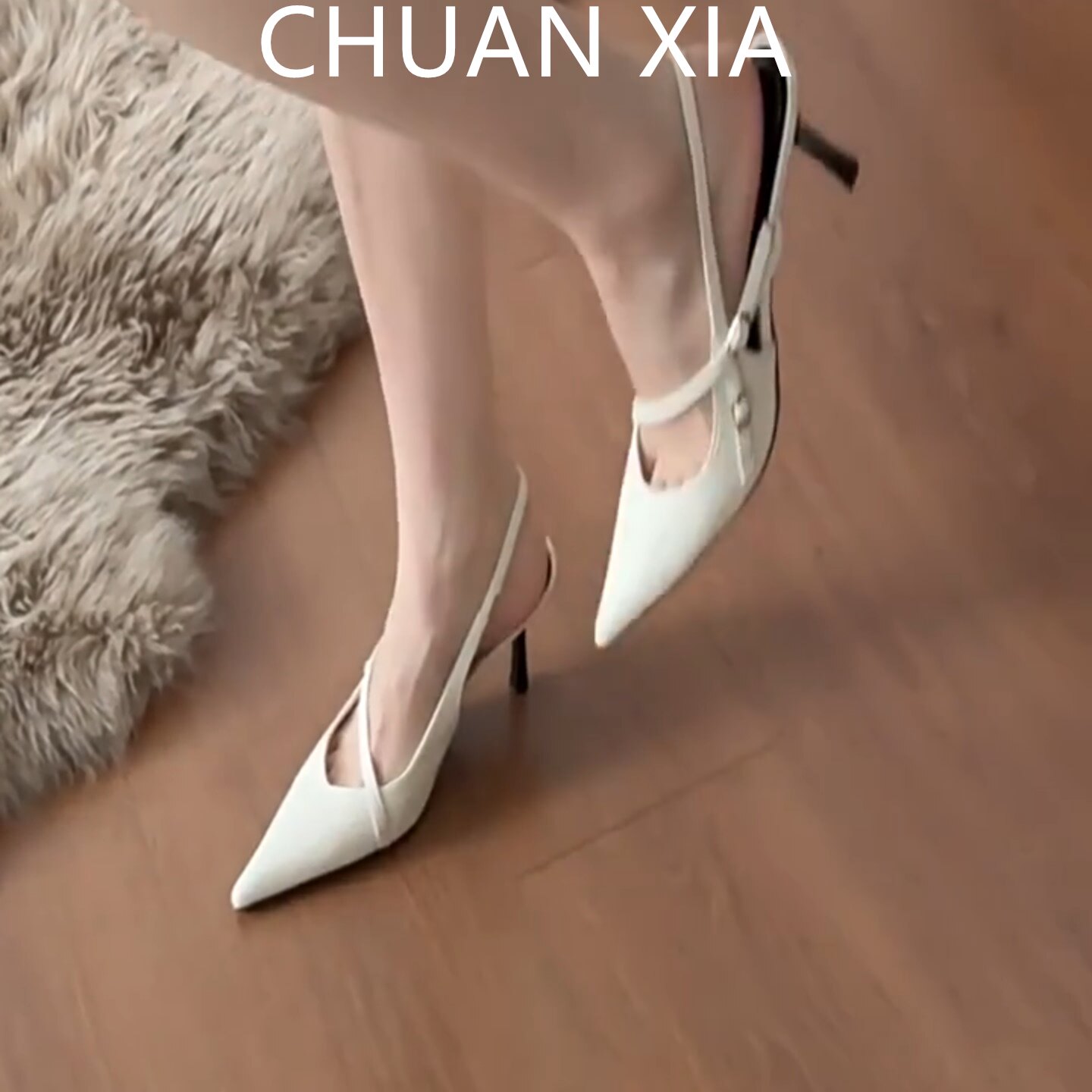 羊皮版！极简风通勤尖头高跟鞋女白色真皮包头凉鞋细跟后绑带单鞋