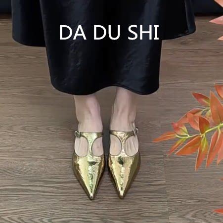 羊皮版~金色平底包头半拖鞋女一脚蹬软底尖头单鞋时尚气质穆勒鞋