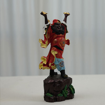 彩绘桧木雕天师福神钟馗像摆件实木客厅家居玄关装饰红木工艺品