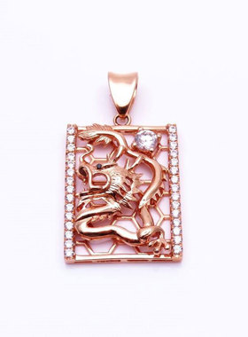 俄罗斯585紫金项链镀14K玫瑰金时尚个性气质豪华方型龙牌吊坠礼物