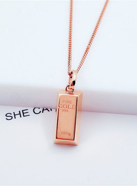 俄罗斯585紫金方形小金条吊坠女款镀14K玫瑰金简约精美气质锁骨链