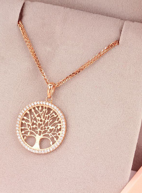 俄罗斯585紫金项链女款镀14K玫瑰金锆石大树吊坠锁骨链简约高级感