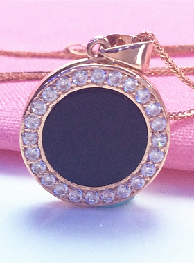 俄罗斯585紫金镶锆石黑色圆牌吊坠镀14K玫瑰金豪华时尚锁骨链女款
