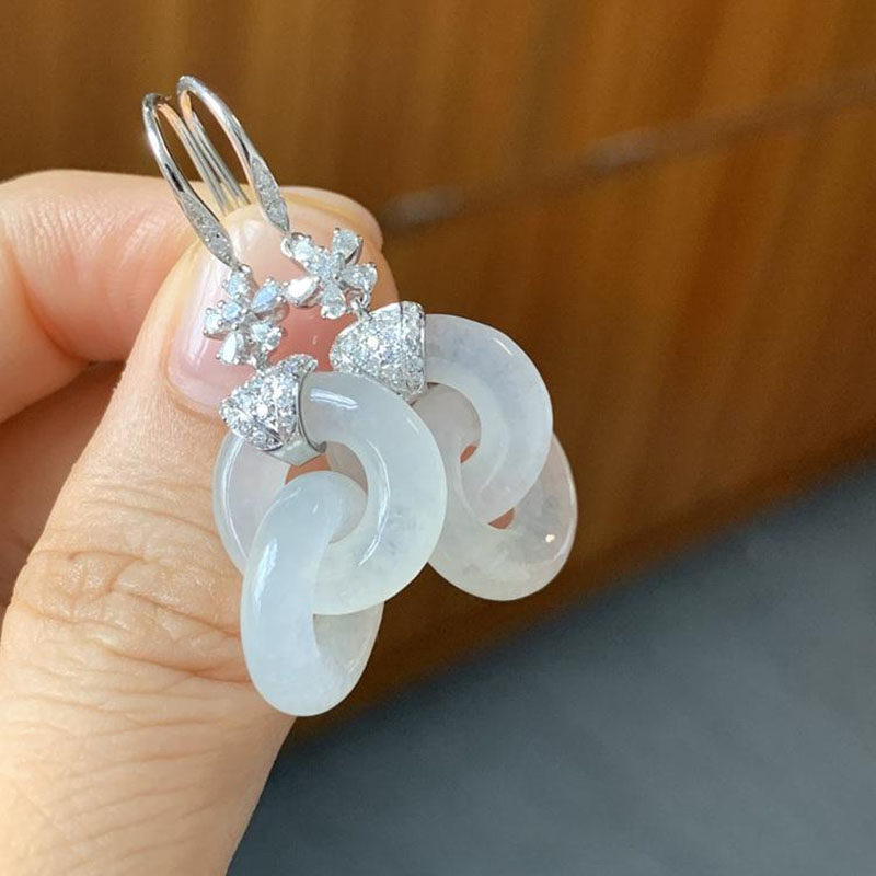 S925纯银花朵锆石和田玉女士耳环